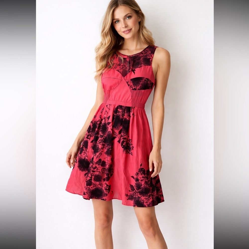 Anthropologie Tracy Reese Silk Floral Dress Pink Black Sleeveless Fit Flare US 6